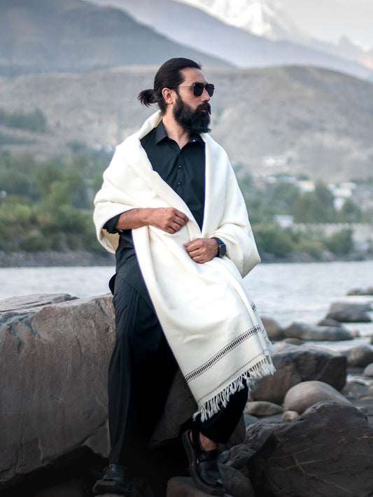 Premium White Pure Woollen Shawl for Men - Handmade