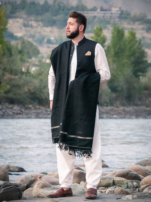 Black Swati Woolen Shawl for Men - Hand Made